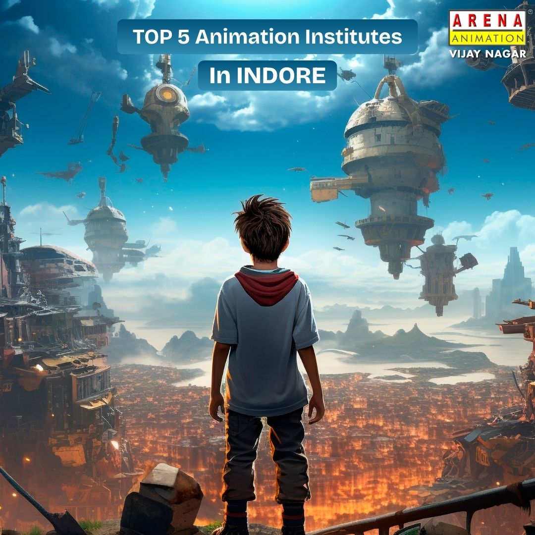 A young boy overlooking a futuristic sci-fi city with floating buildings, representing the creative potential at Arena Animation Vijay Nagar, the top animation institute in Indore.