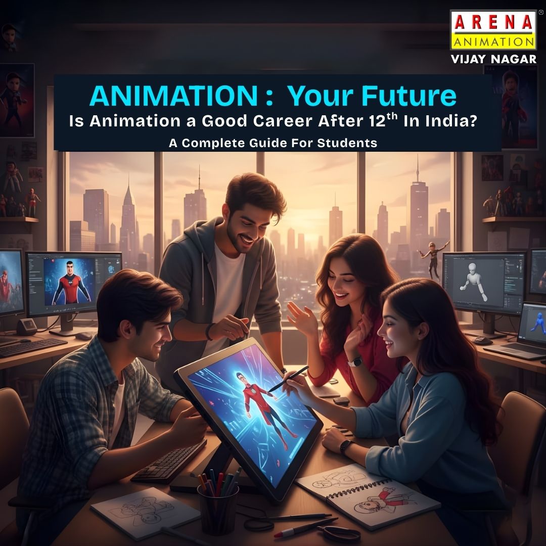 Students learning animation after 12th at Arena Animation Vijay Nagar Indore.