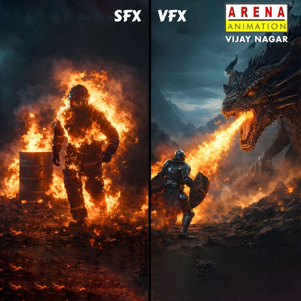 SFX vs VFX comparison image showing practical fire effects and digital visual effects training at Arena Animation Vijay Nagar Indore