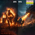 SFX vs VFX comparison image showing practical fire effects and digital visual effects training at Arena Animation Vijay Nagar Indore