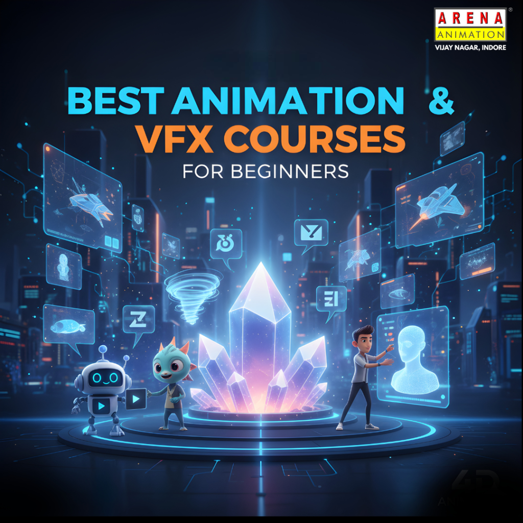 "Best animation and VFX courses for beginners in Indore with 3D design, motion graphics, and career guidance visuals."