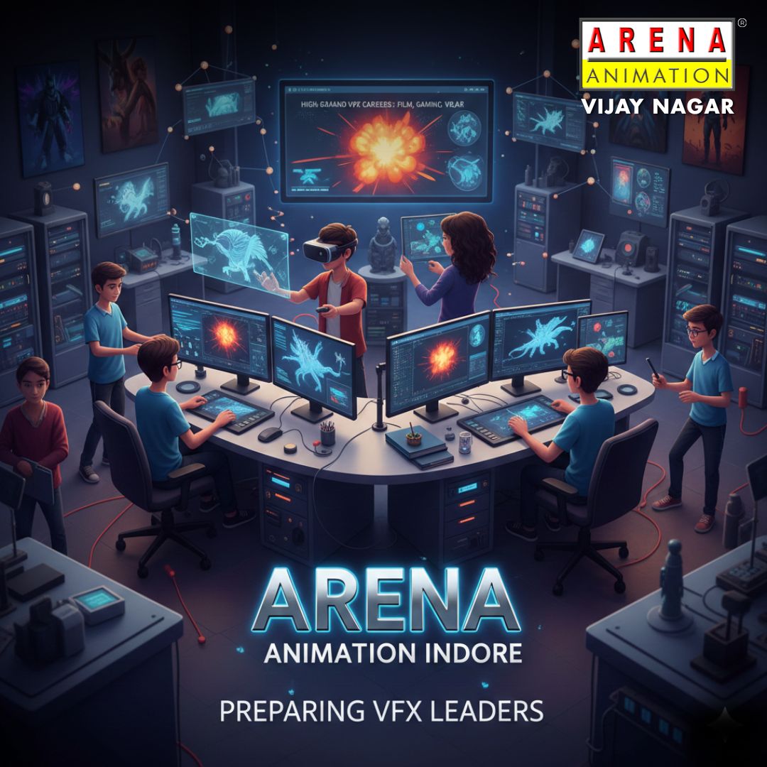 Students learning advanced VFX and CGI techniques at Arena Animation Vijay Nagar Indore in a professional studio environment.