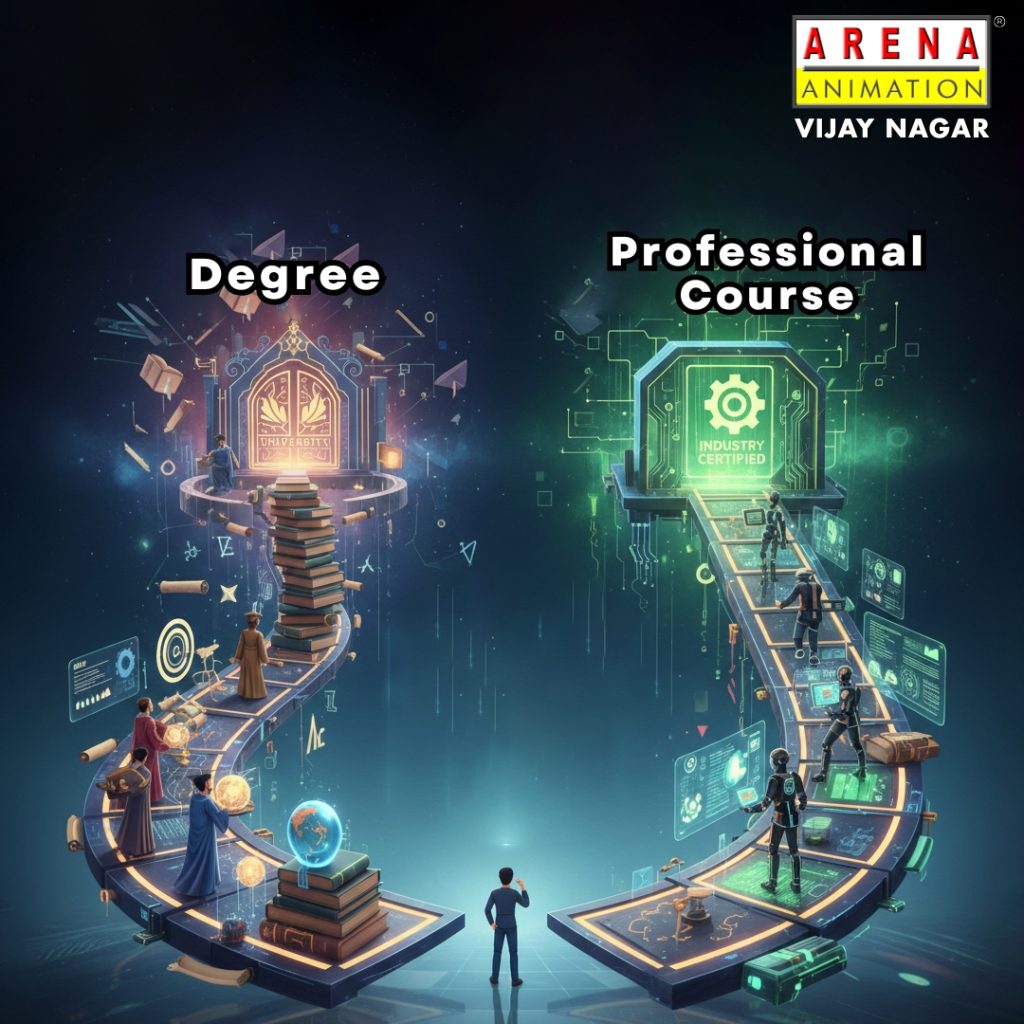 Degree vs professional course comparison for creative careers at Arena Animation Vijay Nagar Indore