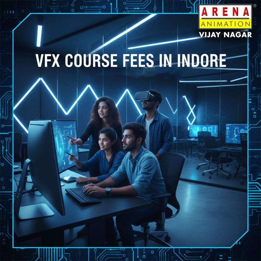 VFX students training in a professional lab at Arena Animation Indore with advanced computers and virtual reality tools