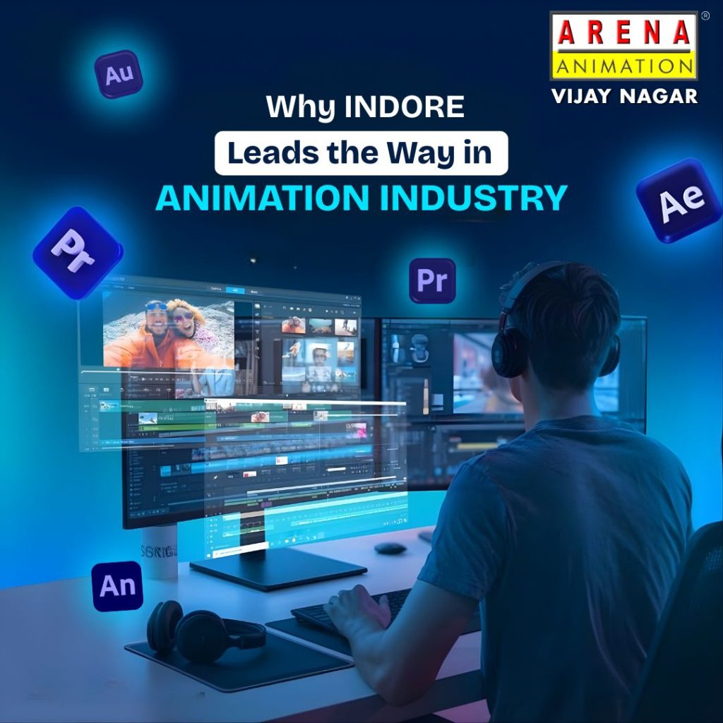Student learning animation and video editing using Adobe After Effects and Premiere Pro at Arena Animation Vijay Nagar Indore training center