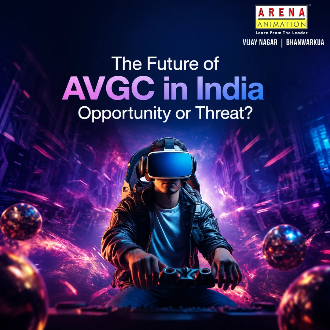Futuristic gamer wearing a VR headset in a neon-lit digital world representing the future of India's AVGC industry, including animation, VFX, gaming, and immersive technologies.