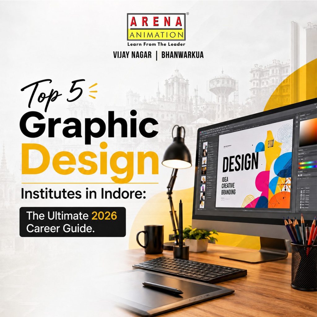 Top 5 Graphic Design Institutes in Indore blog banner by Arena Animation Vijay Nagar and Bhanwarkua featuring a creative workstation with design software on screen.
